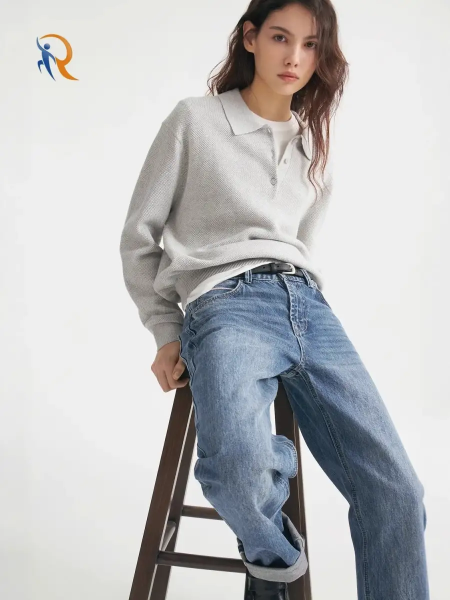 Women Long Sleeve Polo Sweater V Neck Knitted Tops Casual Ribbed Shirt Loose Pullover Sweater 1