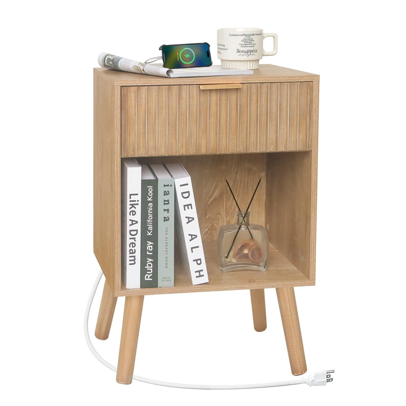 Madeira de madeira com estação de carregamento, mesa de cabeceira com gavetas e tomadas caneladas, Boho Night Stand para quarto, sala de estar, escritório (nogueira rústica) 1
