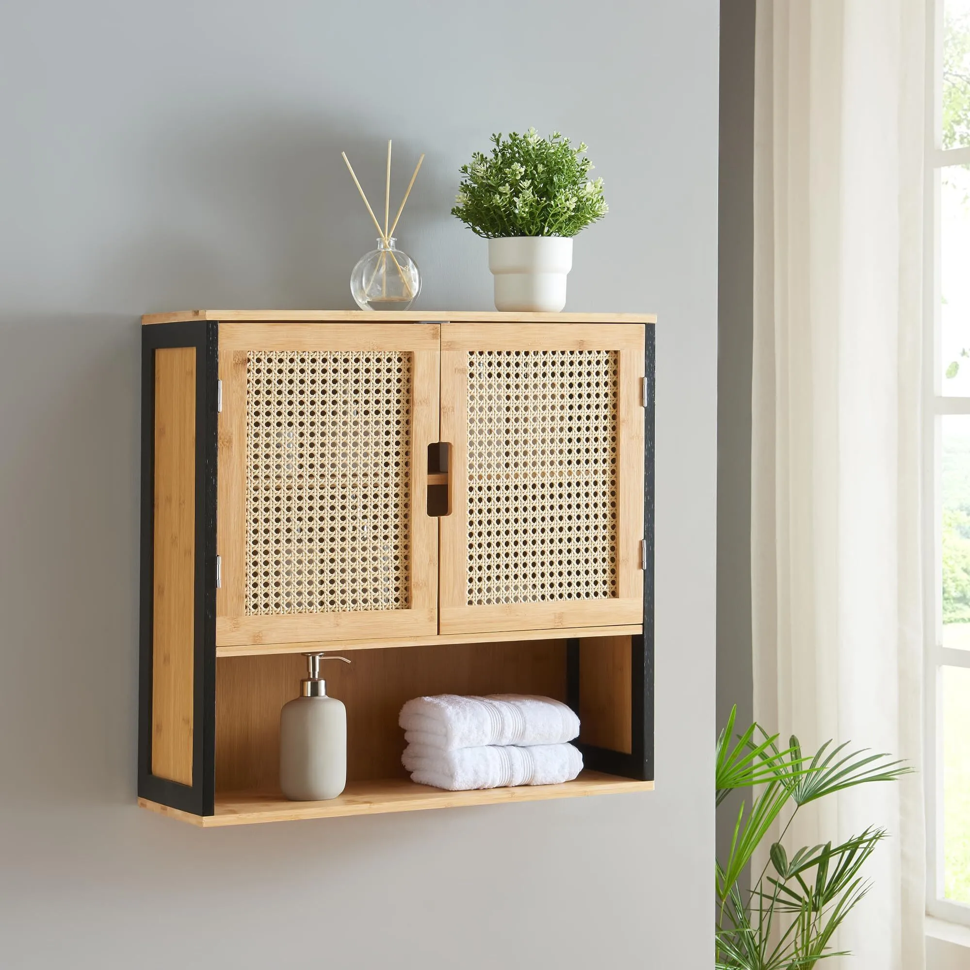 Bathroom cabinet Tervola hand cabinet for bathroom black bamboo hanging with 2 doors wall cabinet floating 1