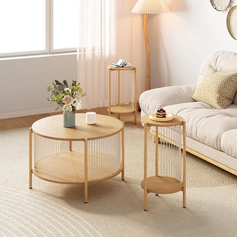 Table basse à corde à fibre naturelle de 3 pour le salon, table basse rond en rotin en bois et tables de deux tables, table d'appoint moderne boho 2 niveaux avec cadre en métal pour le bureau d'appartement (naturel) 1