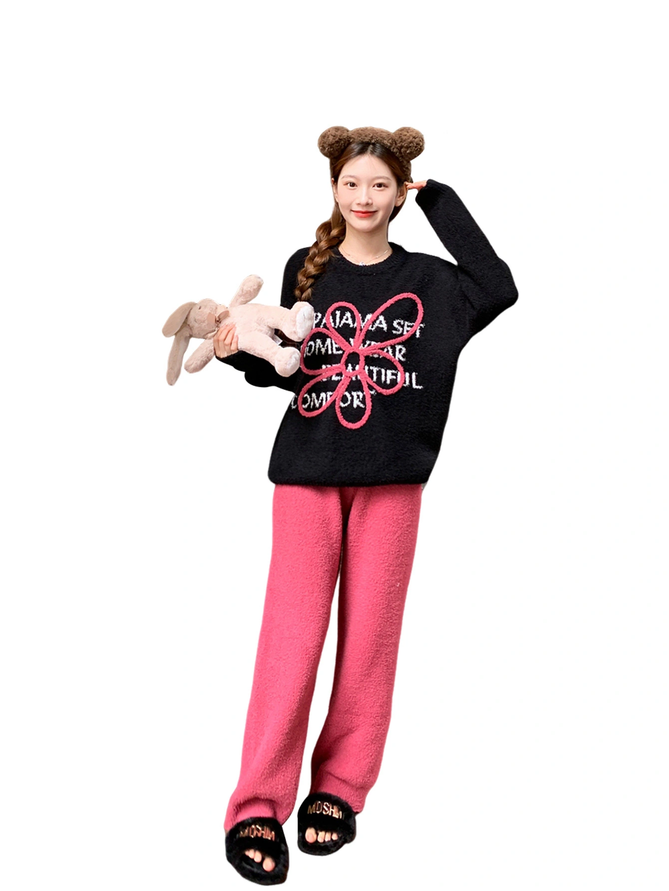 Ventilateur flo dames tricot à domicile set rond cou rond manches longues broderie / jacquard sésame jacquard 7-aiedle Top noir avec pantalon rouge rose match paresseux décontracté 1