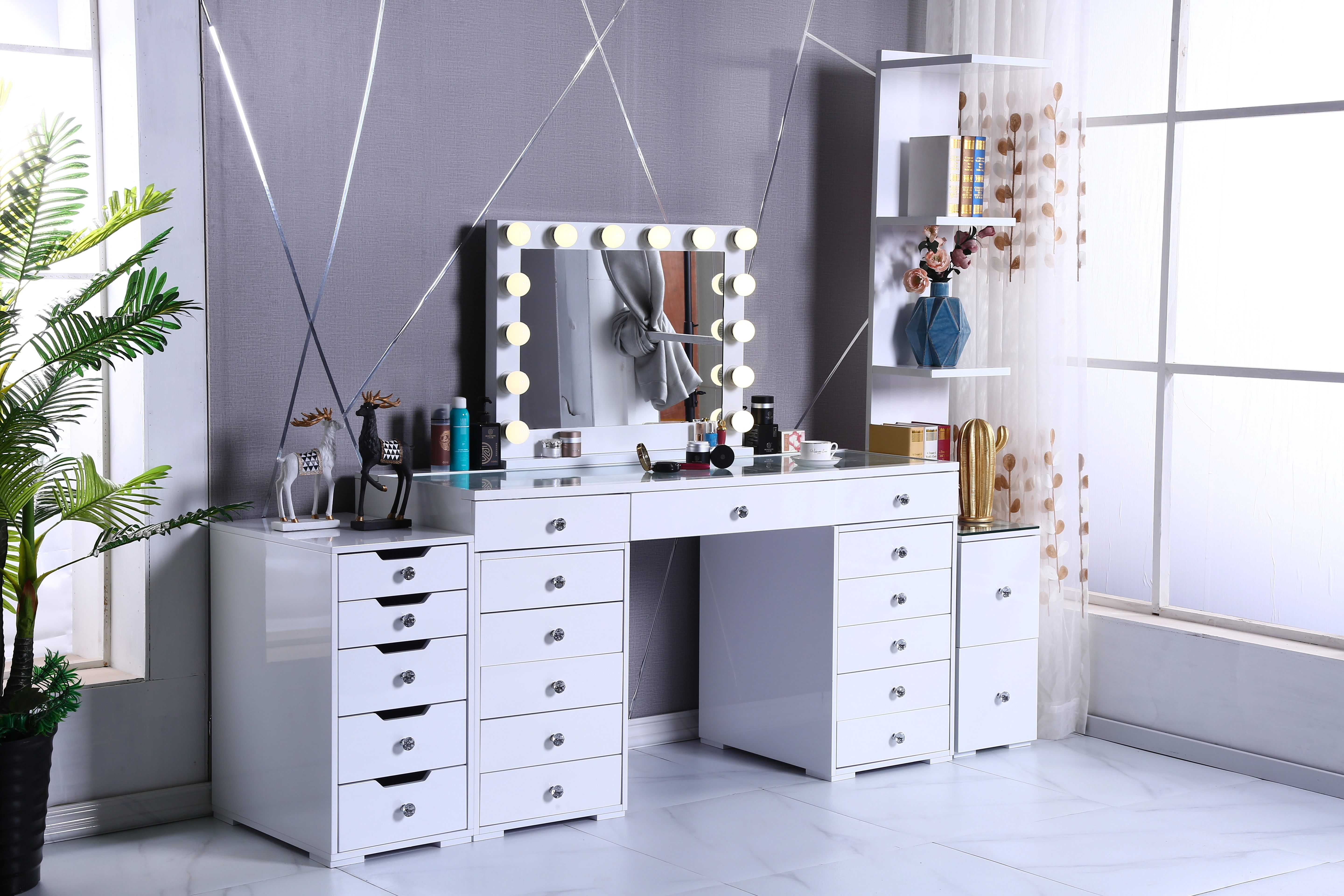 MDF Wooden Glass White 13 Drawer Dresser Makeup Vanity Table with Light Mirror 1