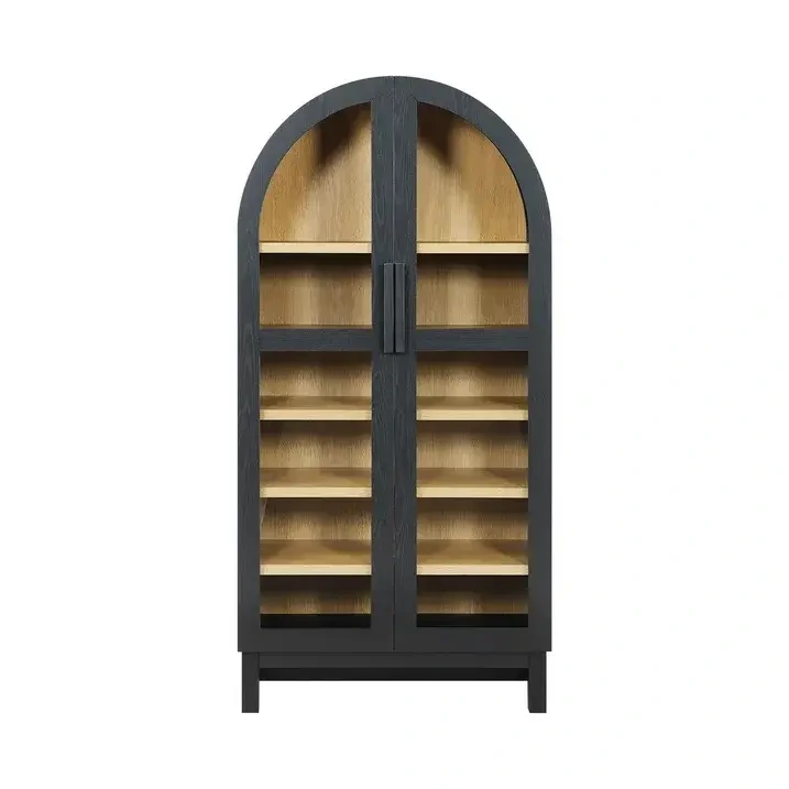 combohome Living room Display Shelf with Glass Door ,Storage Cabinet Juliet Arch Cabinet, Black Finish 1