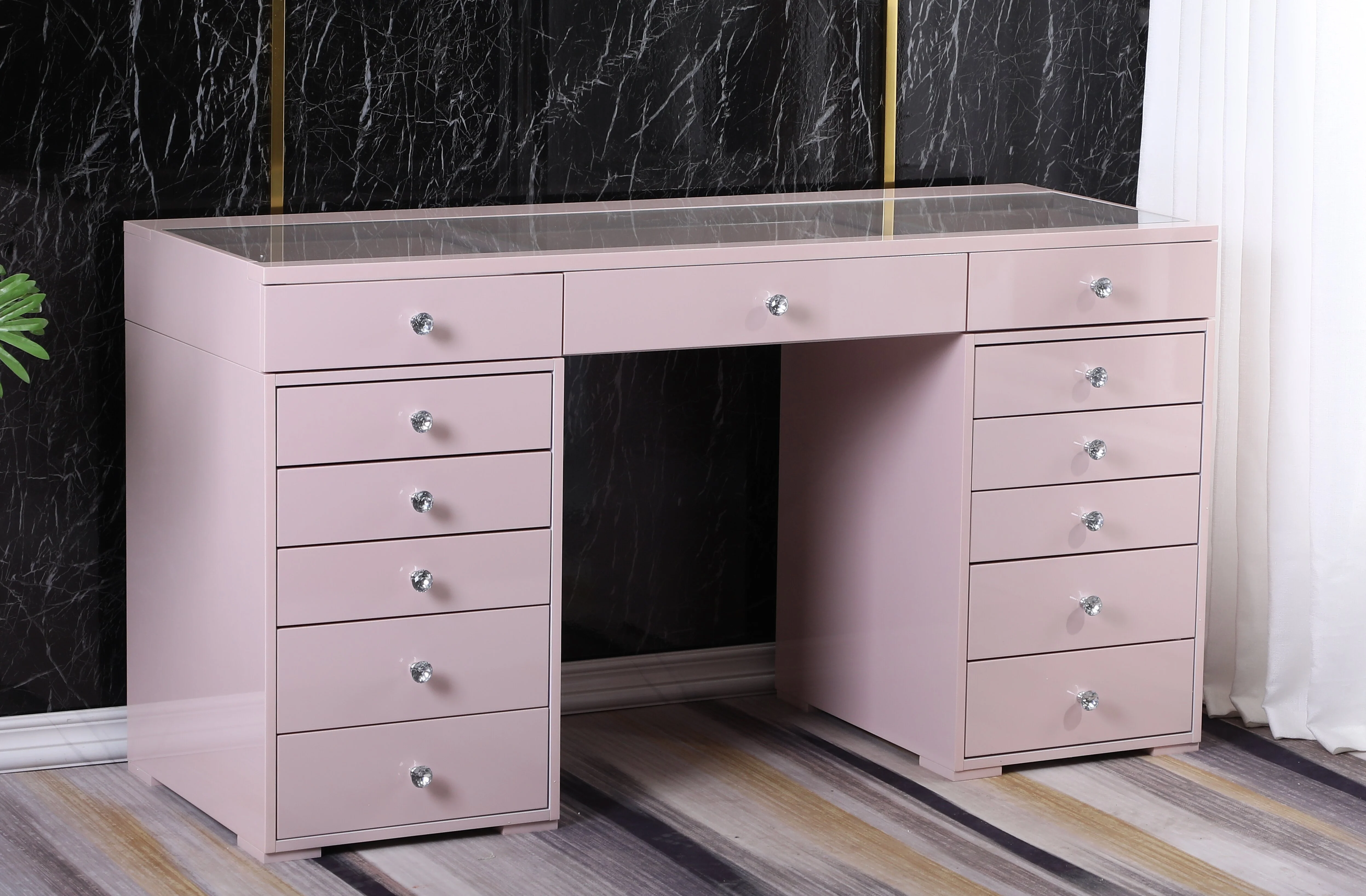 White Pink Bright Makeup Vanity Desk 13-Drawers Wood Dressing Table with bluetooth ,mirror, LED Bulb Light 1