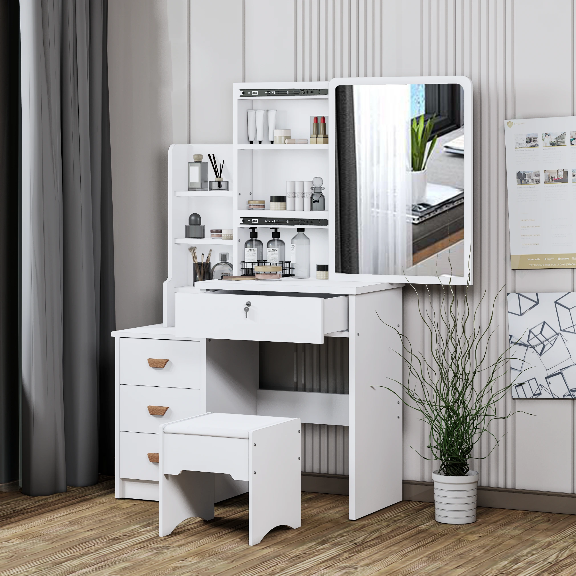 80cm Modern Sliding Mirror Vanity Desk with Storage Drawers and LED Light - Minimalist Bedroom Makeup Table (with Stool) 1