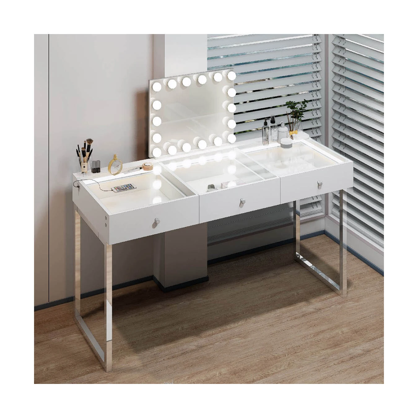 Factory Customization Modern Led Light Makeup Dressing Stool Drawer Room Vanity Table with Mirror, USB Outlets 1