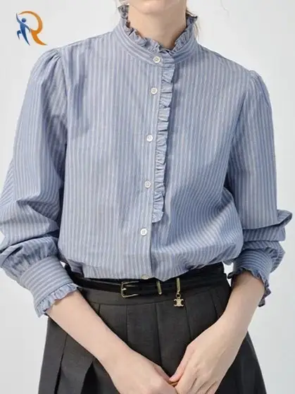 Women Button Down Ruffle Trim Shirts 1