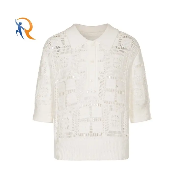 Women's Ribbed Knit Button Down Sweater Top Collar Short Sleeve Tee 1