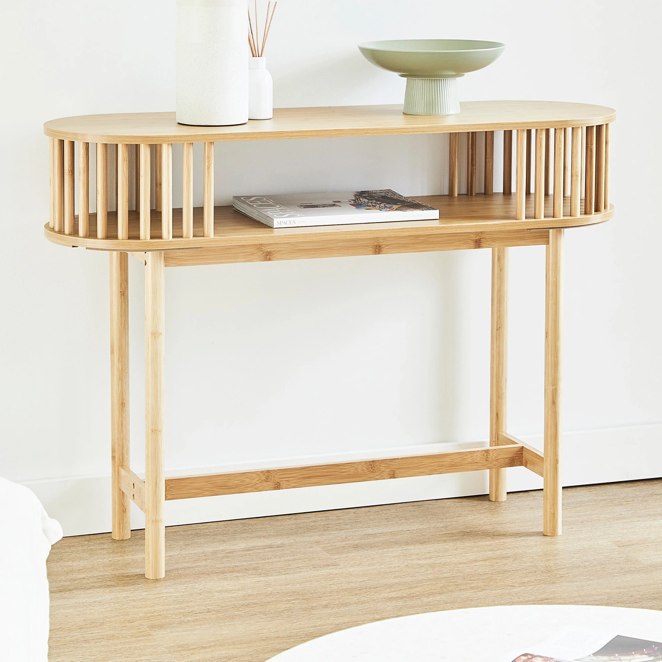 Table de console en bois et en bambou avec les extrémités arrondies, naturel 1