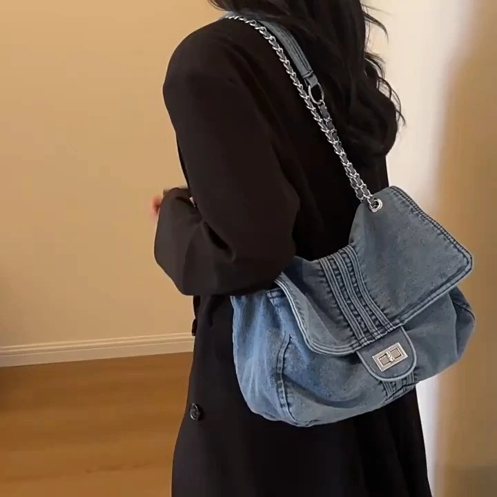 Sac à bandoulière en jean haut de gamme, sac à bandoulière à chaîne à la mode et polyvalente, sac fourre-tout simple et portable 1