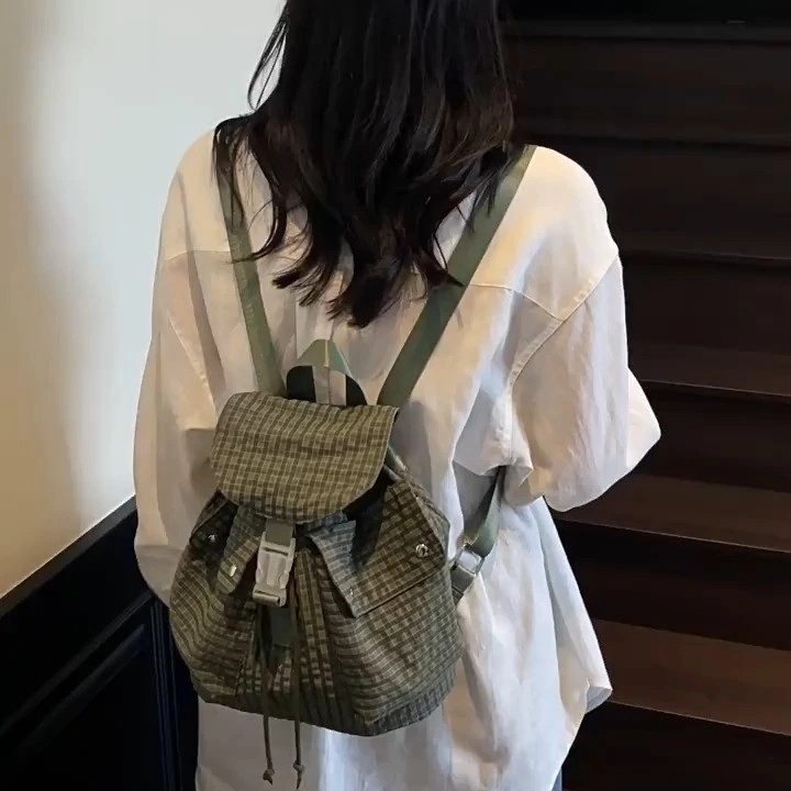 Checkered Fabric Drawstring Backpack, a Niche Lightweight Casual Schoolbag, Hiking and Travel Backpack 1