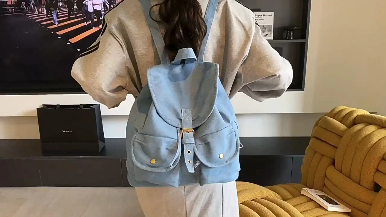 Multi-pocket Drawstring Backpack, Large-capacity Versatile Schoolbag, Denim Casual Travel Backpack 1