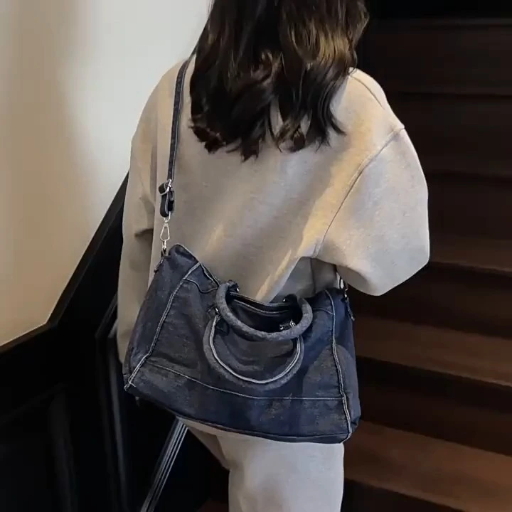 Retro Washed Denim Tote Bag, Large Capacity Versatile Crossbody Bag, Fashionable Casual Shoulder Bag 1