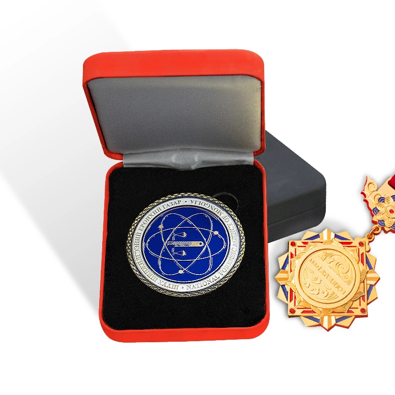 Luxury red leather coin box metal crafts badge and medal box customized 1