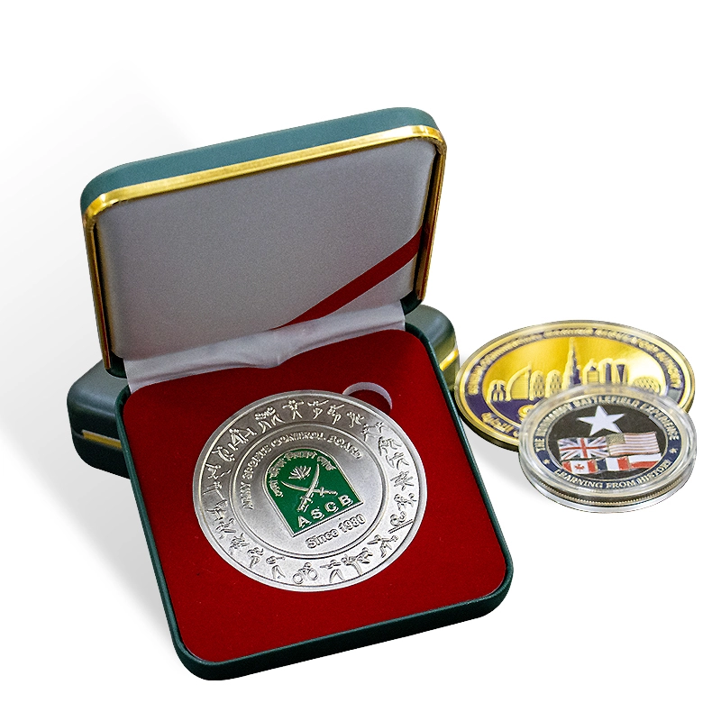 Luxury green leather gold border coin box metal craftsmanship badge and medal display box 1