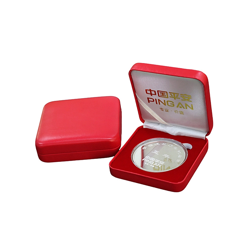 Luxury red leather coin box, metal craftsmanship badge and medal display box velvet lining 1