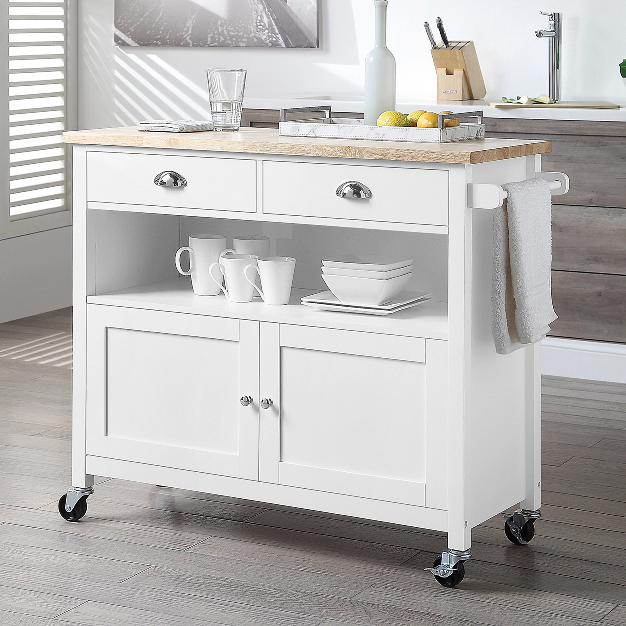 Wood Kitchen Island Cart with Storage and Two Doors,White 1