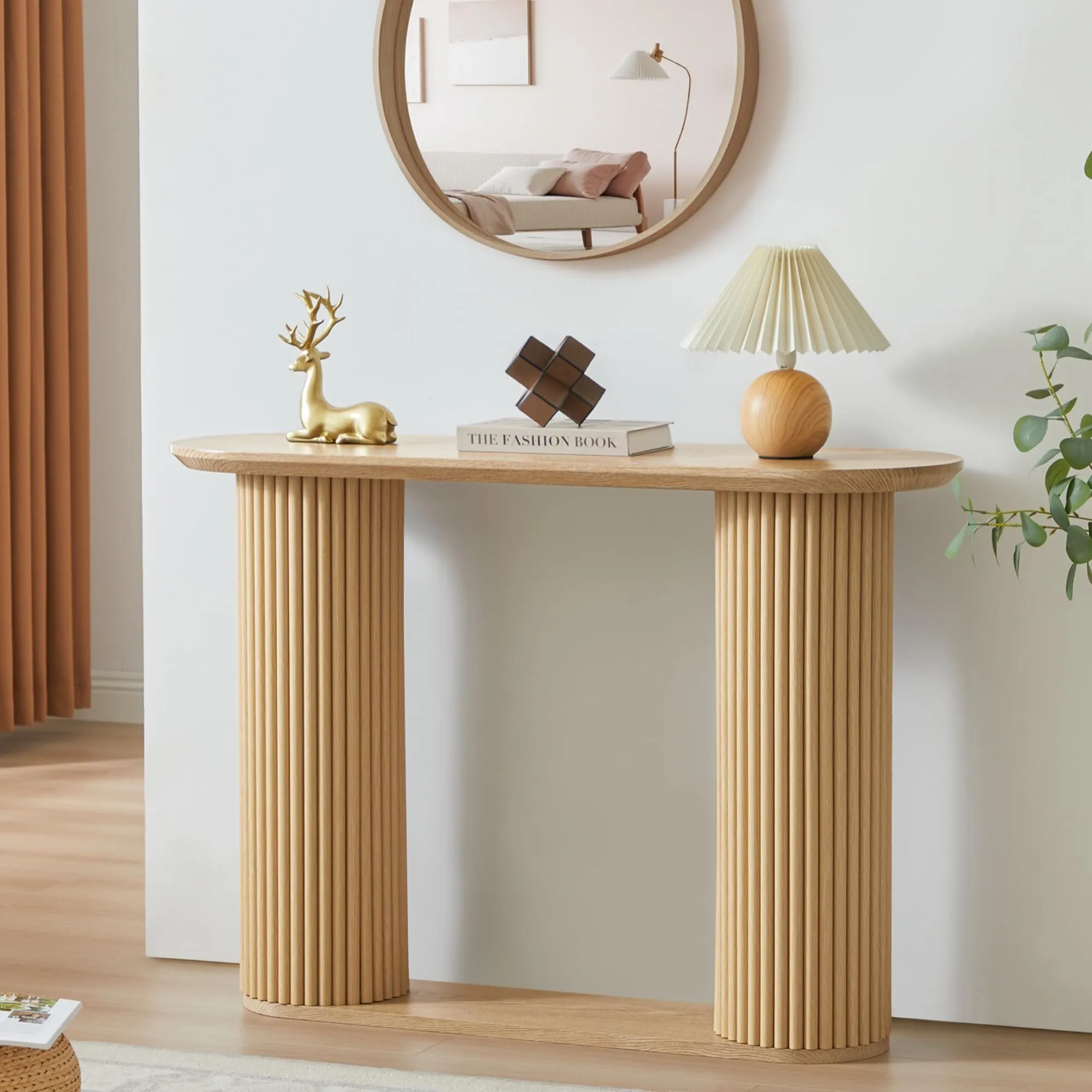 Combohome Fluted Console Table ,Farmhouse Oval Curved Entryway Table with Storage and Fluted Wood Legs 1