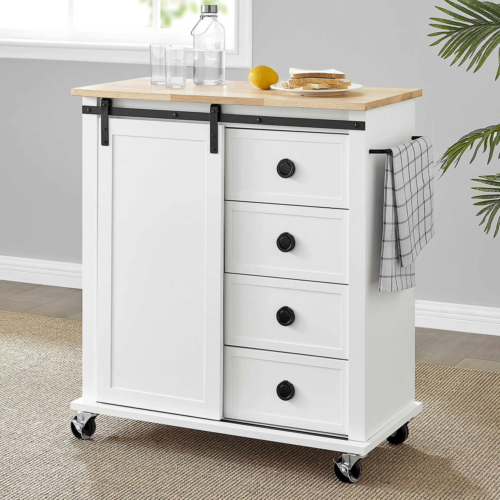 Wooden Kitchen Island Cart with Four Drawers and Door,White 1