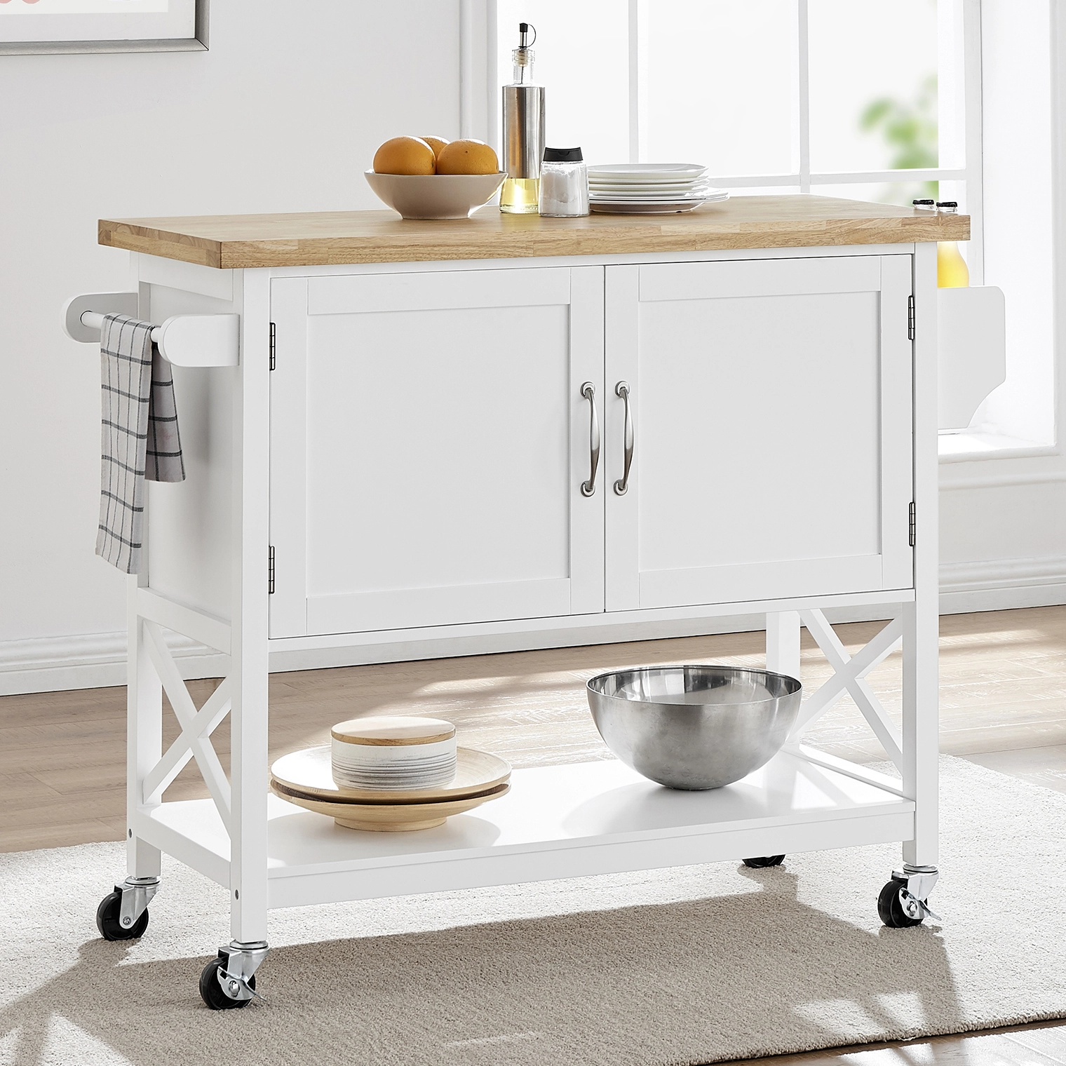 Wood Kitchen Island Cart with Two Doors,Storage and Handle,White 1