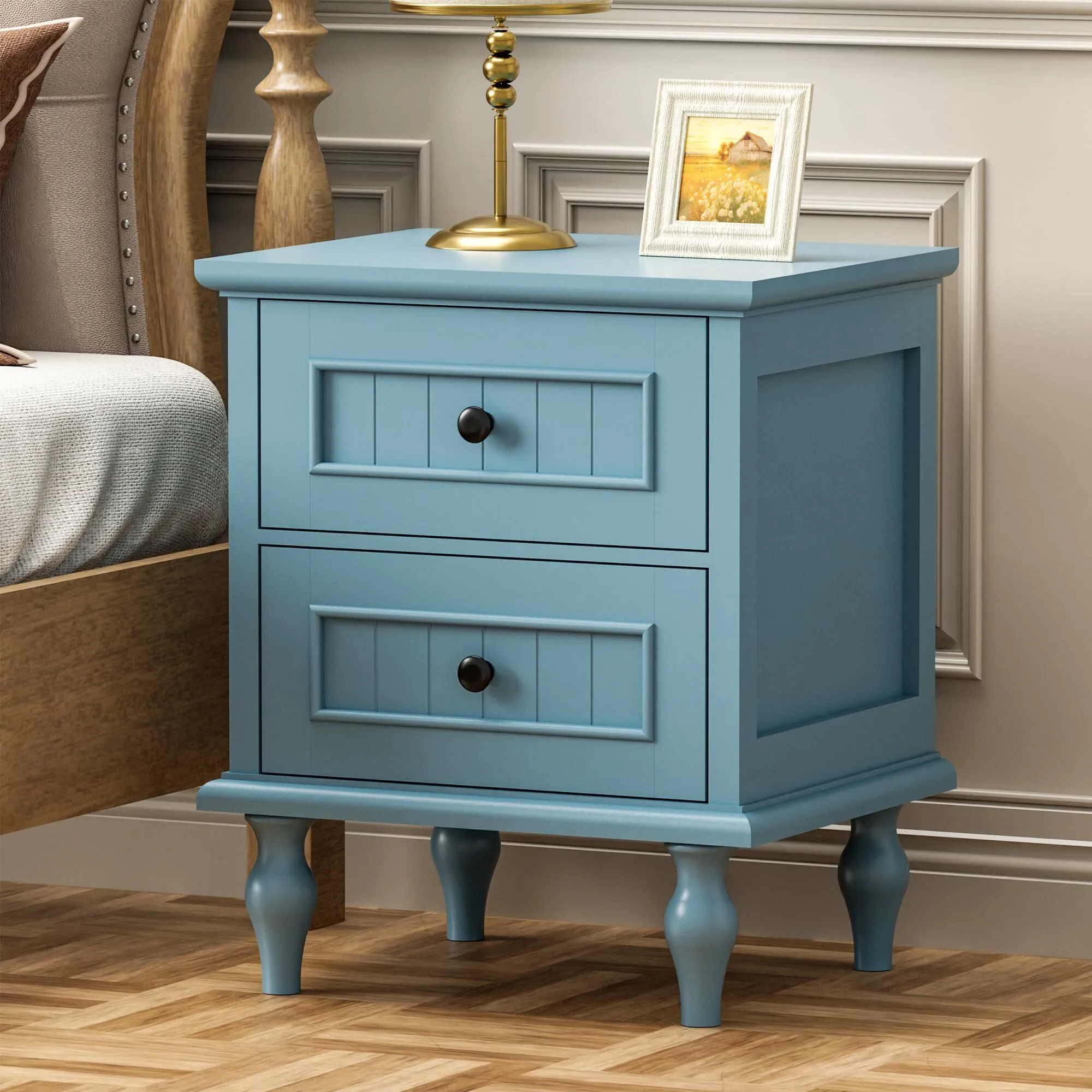 Nightstand, Antique Style End Table with 2 Drawers, Taller Nightstand for Bedroom, Side Table for Bedroom (Blue, Single) 1