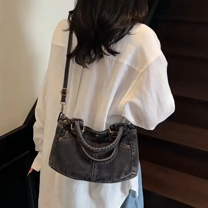 Borsa tote in denim per il tempo libero, borsa a mano con texture alla moda, elegante borsa a tracolla multiuso 1