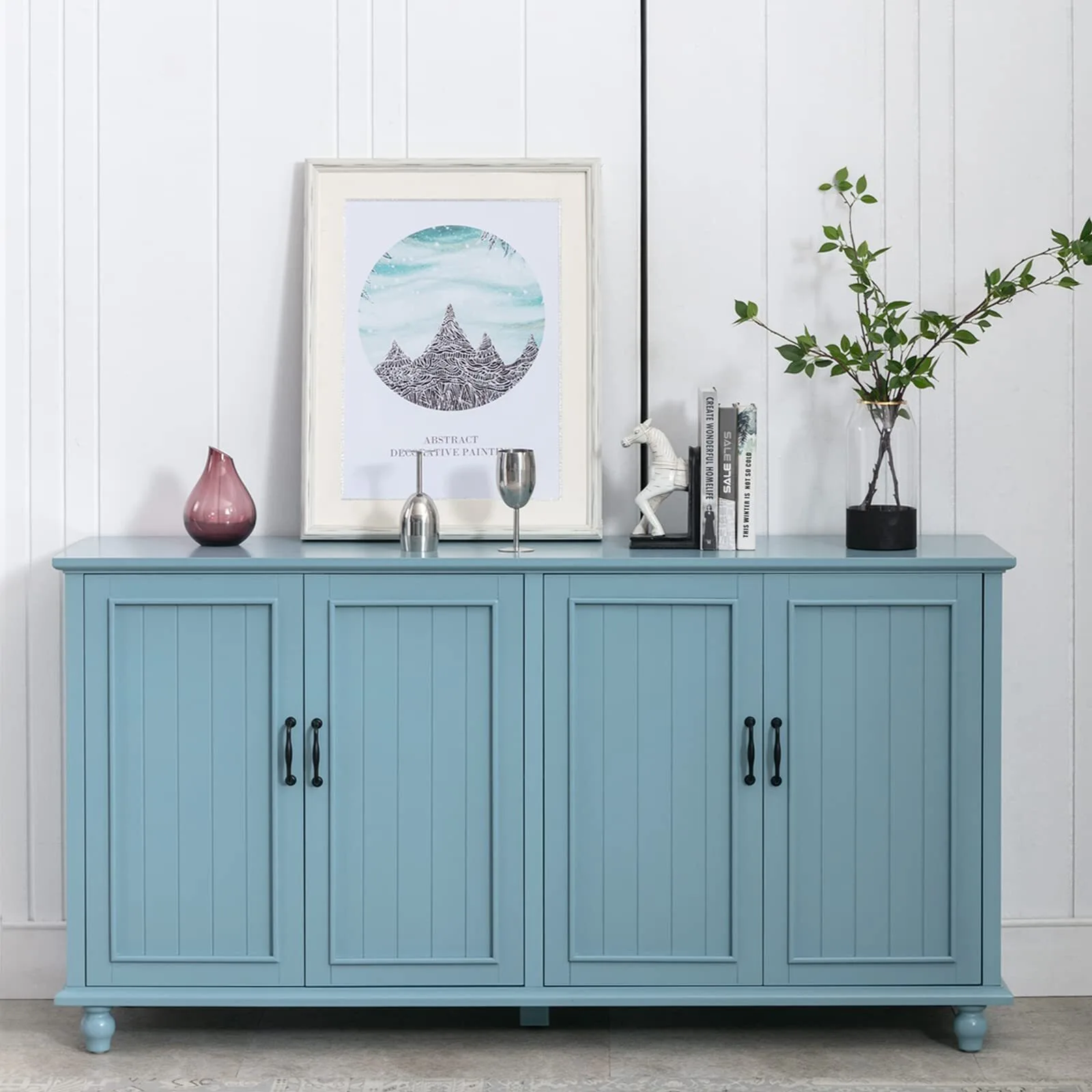 Mid-Century Sideboard Buffet Cabinet with 4 Doors and Storage Shelves, Blue, 1 Piece 1