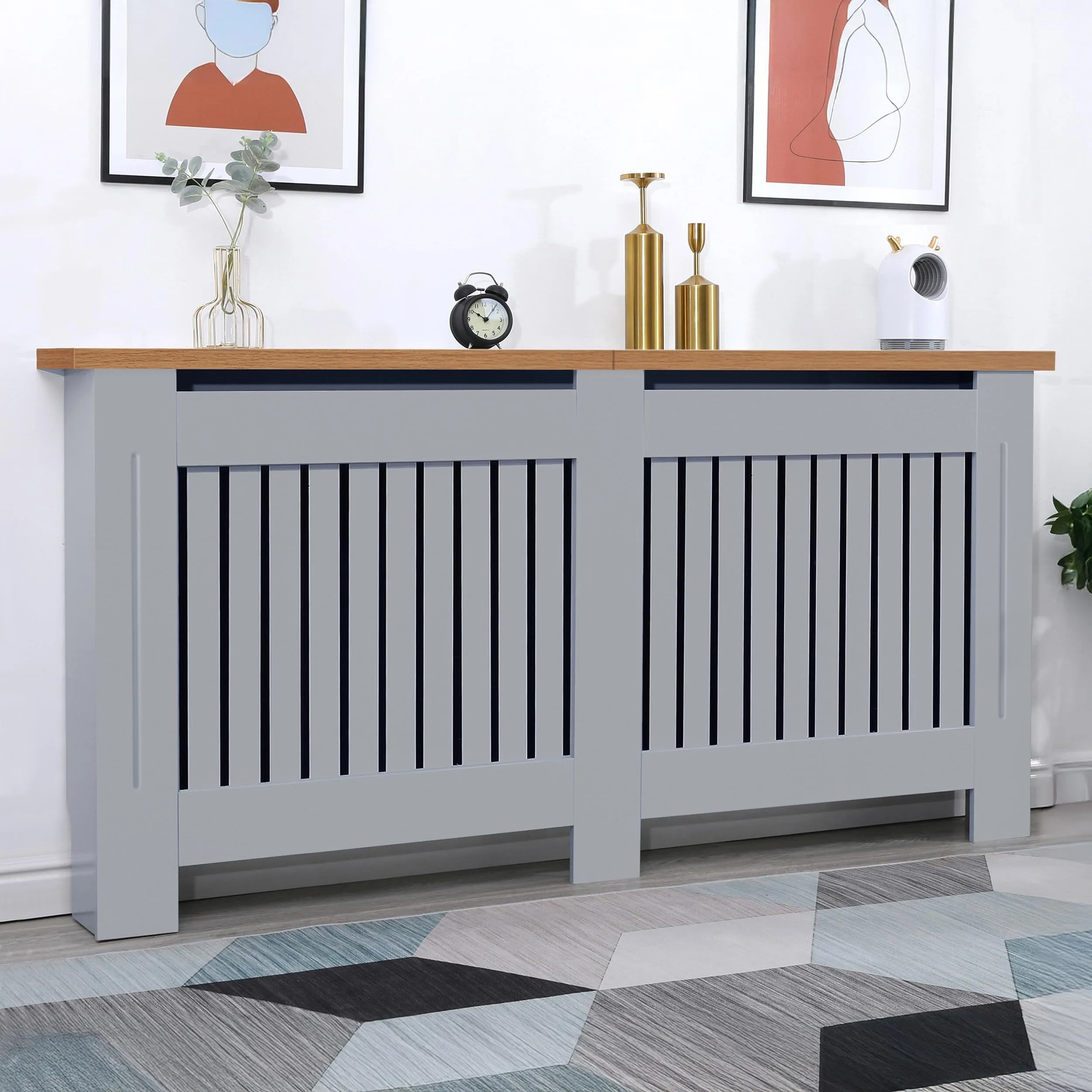 Combohome Radiator Cover Vertical Pattern Slatted Radiator Covers MDF Wood Heating Covers Wood Top Shelf For Living Room Home Bedroom (Grey, Extra Large) 1