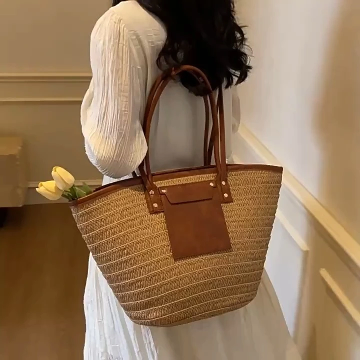 Borsa tote intrecciata retrò, borsa casual da spiaggia e da sandalo, borsa a tracolla alla moda e alla moda 1