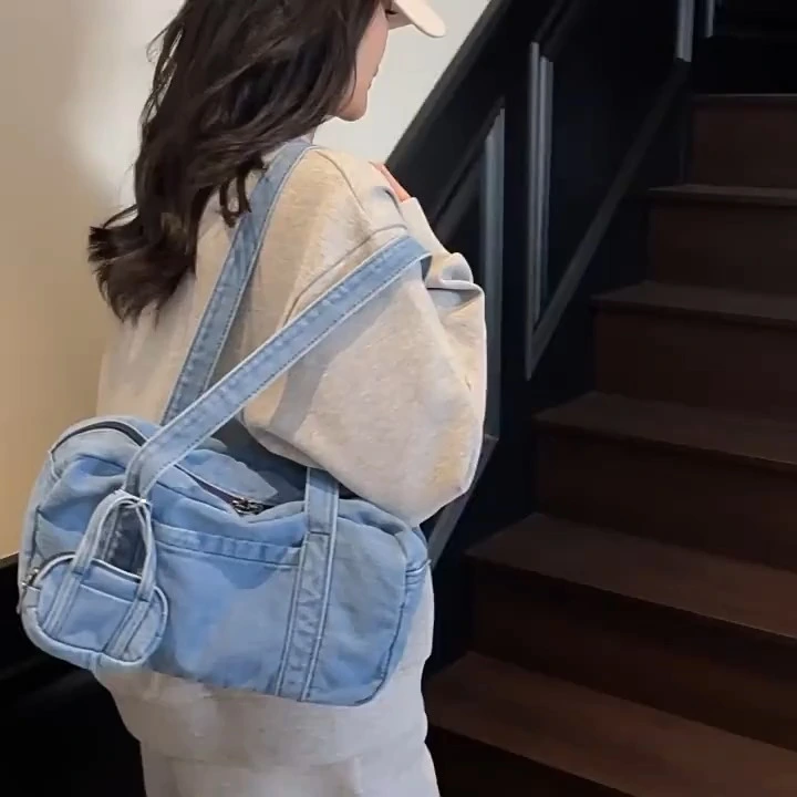 Borsa da ascella vintage di grande capacità, borsa a tracolla in tessuto denim lavato a mano, borsa tote casual e versatile 1