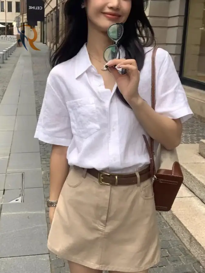 Blouses Loose Casual White Short Sleeve Women Shirts Turn-down Collar Style 1