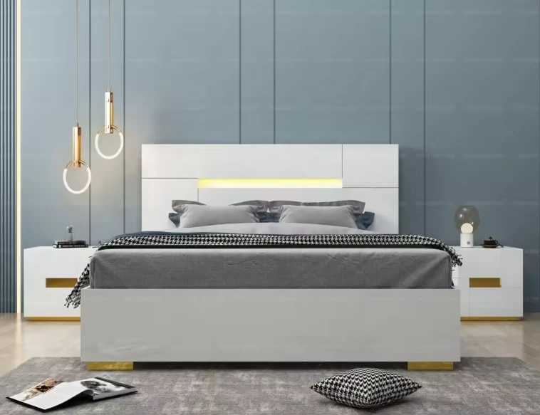 Ensemble de chambre à coucher blanc brillant avec cadre en acier inoxydable doré, total de 5 pièces pour meubles de chambre 1