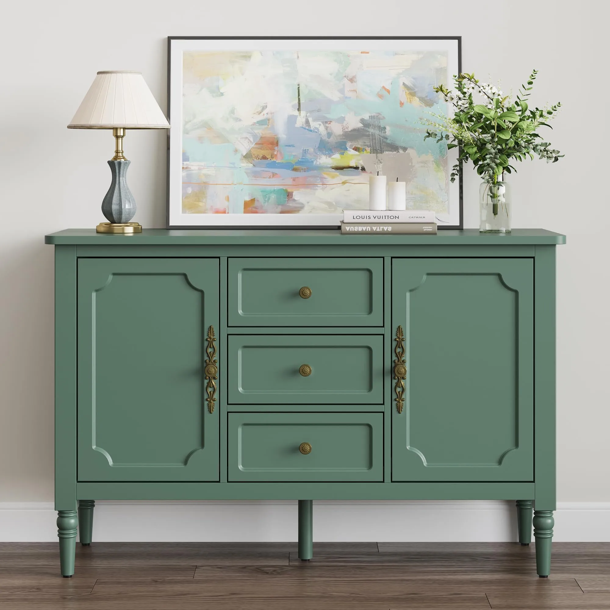 Storage Cabinet with 2 Doors & 3 Drawers, Mid-Century Sideboard Cabinet with Adjustable Shelves, Wood Buffet Cabinet with Turned Legs, Ideal for Entryway, Living Room, Dining Room, Green 1