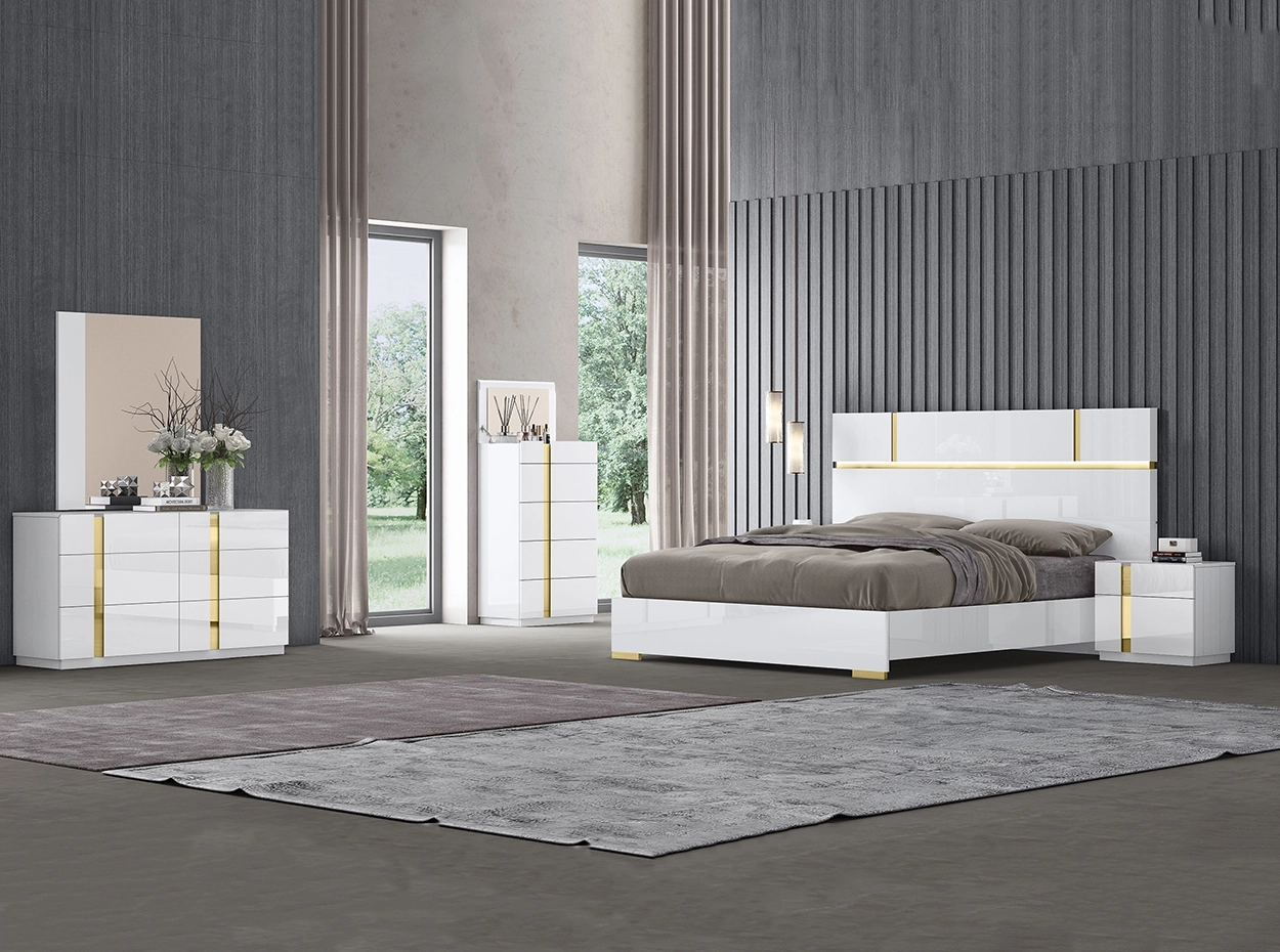 Conjunto de quarto moderno branco brilhante com moldura dourada em aço inoxidável, total de 5 peças para móveis de quarto 1