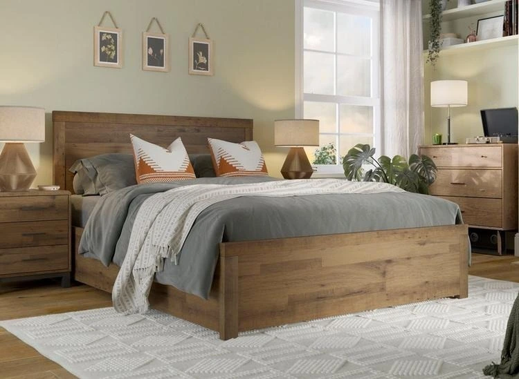 Conjunto de cama em MDF folheado a carvalho com estrutura de madeira e armazenamento, mais vendido 1