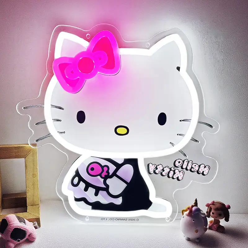 Hızlı Teslimat, Perakende Mağazalar İçin Özel Üretim UV Baskılı Donut Şeklinde Hello Kitty Neon Duvar Lambaları 1