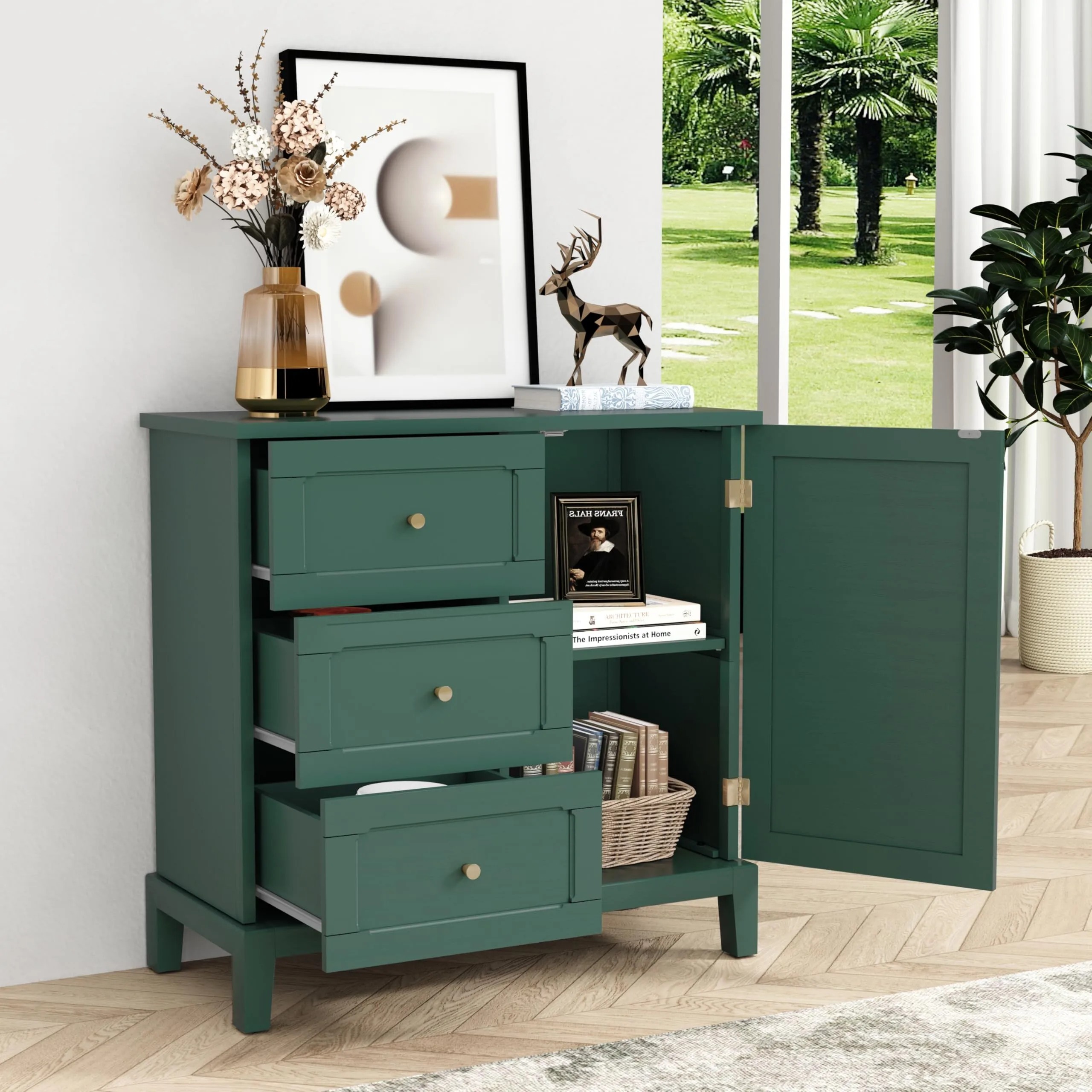 Combohome Accent Cabinet with 3 Drawers and Door, Wooden Storage Cabinet with Shelves, Sideboard for Living Room, Entryway, Green 1