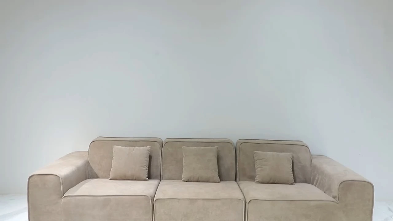 Escriba un sofá de tela minimalista con un diseño exquisito, tamaño y distribución de la sala de estar, un sofá de cuero ecológico minimalista moderno con amplio soporte. 1