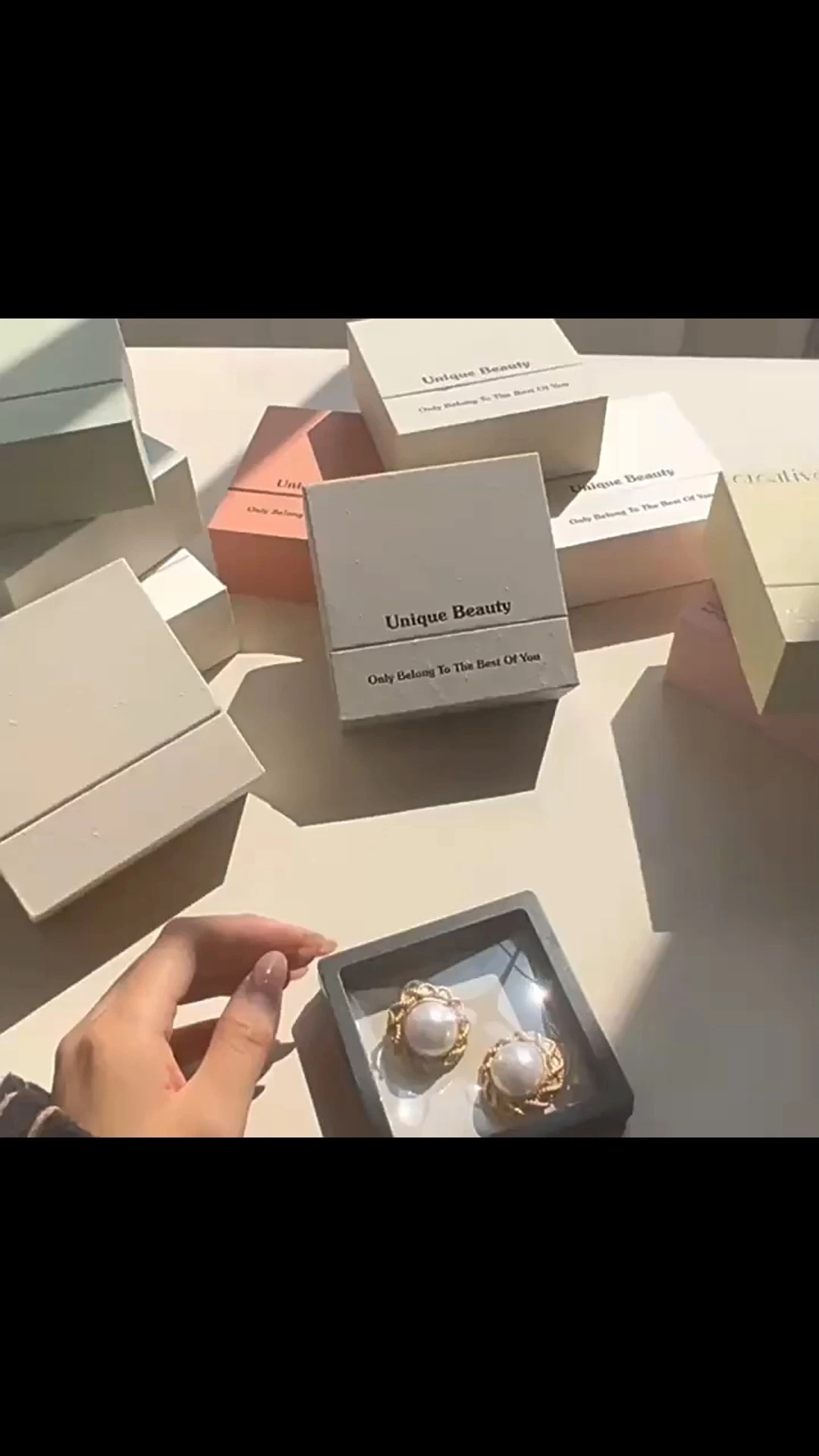 High-end pull-out particle texture hot stamping secret box drawer jewelry box ring earring display box 1
