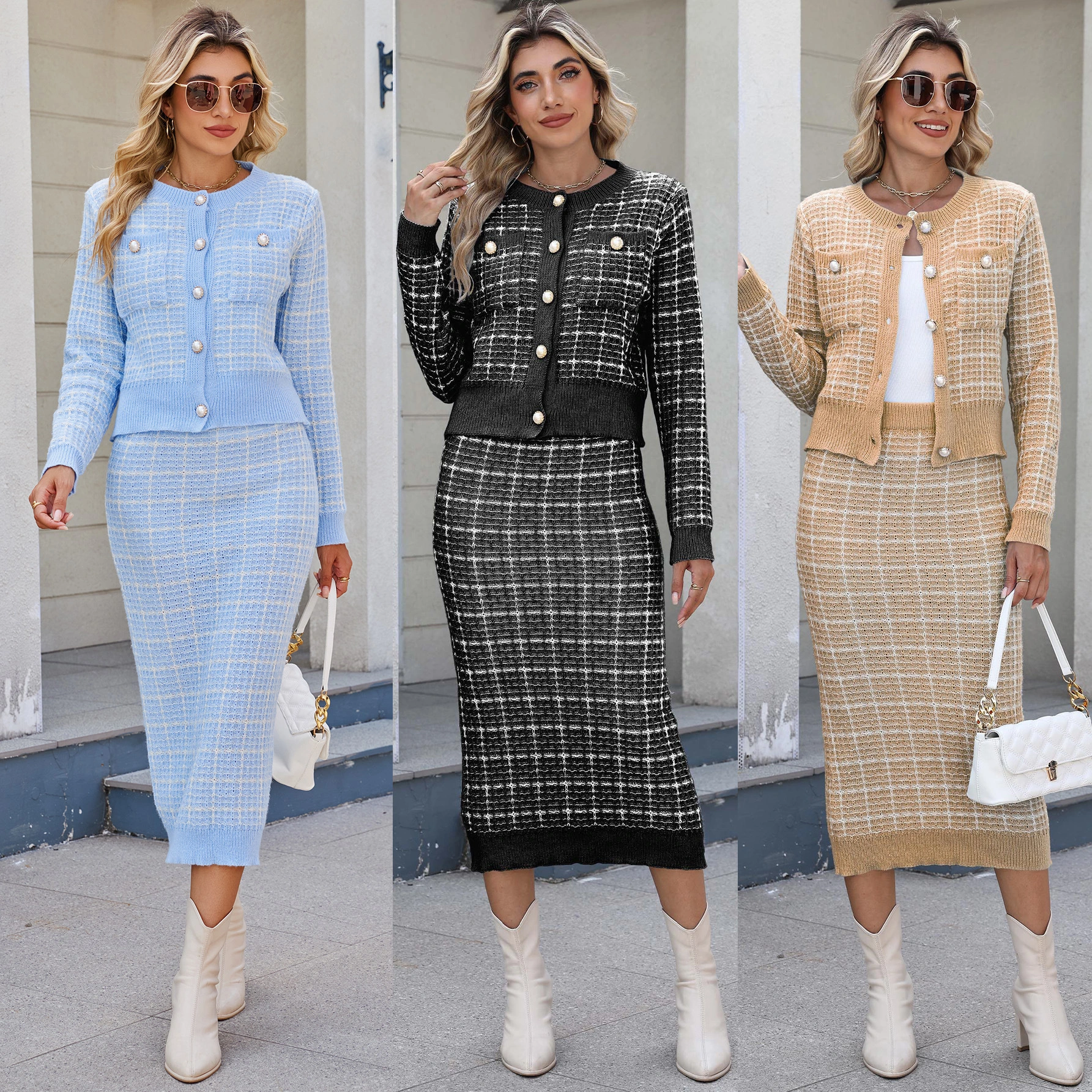 Women's European American Fall Winter 2-Piece Set Contrast Color Plaid Tweed Sweater Lady's Cardigan + Pencil Skirt Wholesale 1