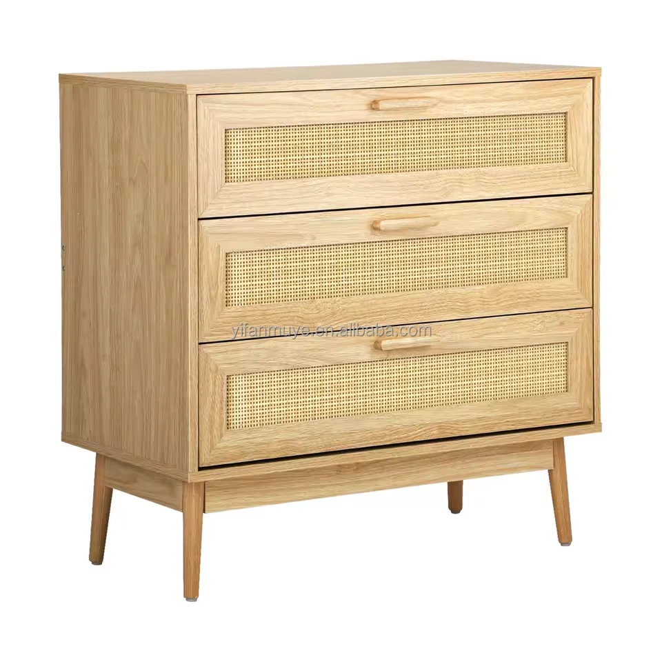 Modern Style Rattan MDF Bedside Furniture Wooden Storage Cabinet with 3 Drawers for Bedroom Side Table Cabinet 1