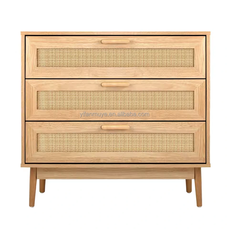 Modern 3-Drawer Rattan Bedside Table Wood Night Stand with Storage for Bedroom Hotel or Living Room for Apartment Use 1