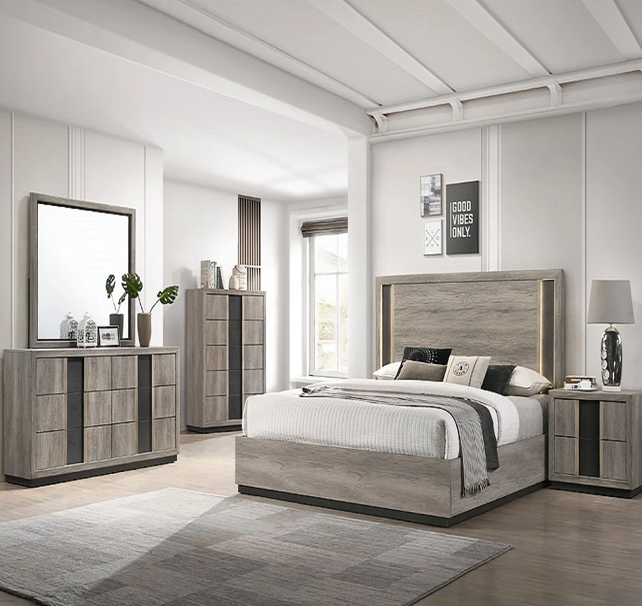 Personnalisez l'ensemble de meubles de chambre à coucher de grand lit de style moderne, la table de chevet, la coiffeuse avec l'espace de rangement en MDF de style bois-1756169317250626 1