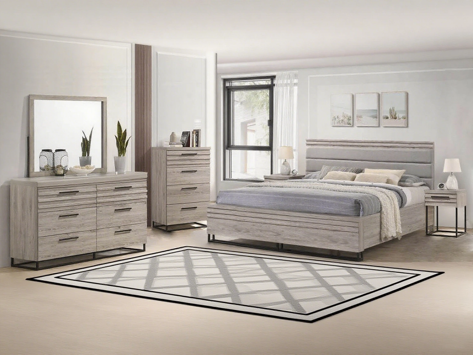 Ensemble de meubles de chambre à coucher 4 pièces de style moderne personnalisé, grand lit, coiffeuse, table de chevet, commode, tiroirs pour maison, hôtel, appartement 1