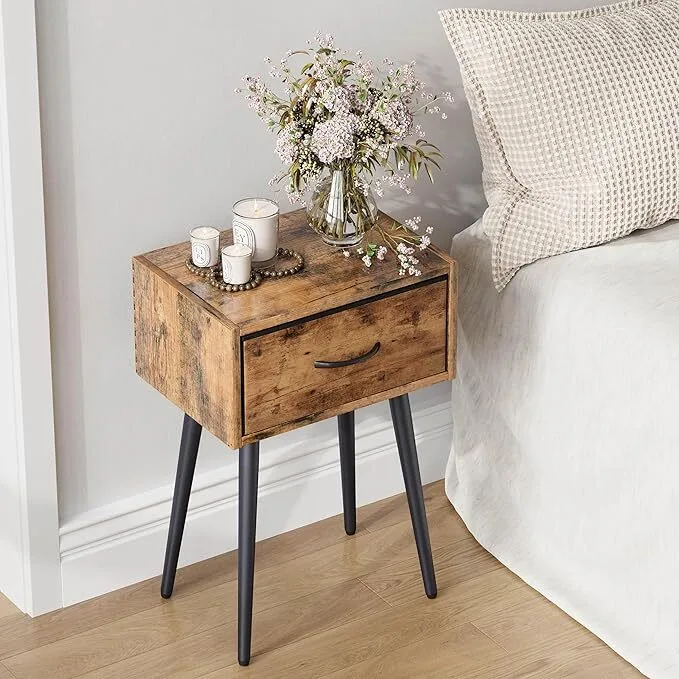 Tall Bedside Table Rustic Brown Small Nightstands with Metal Leg for Bedroom or Living Room 1