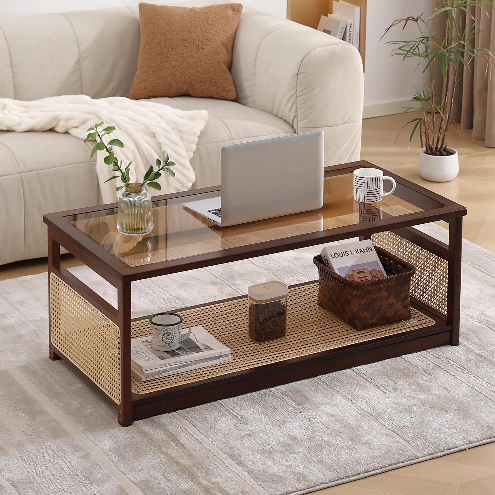Mid Century Modern 2-Tier Rattan Glass Coffee Tables Rectangle Tables Brown 1
