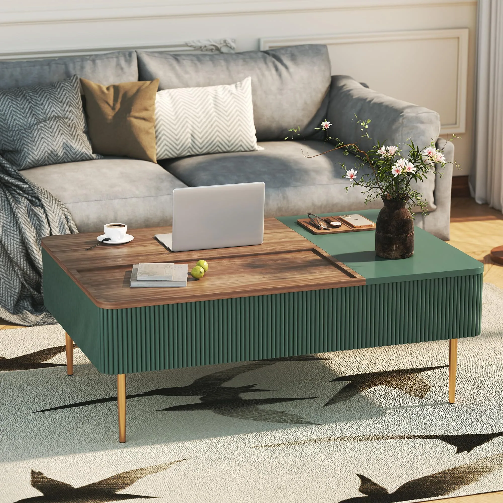 Combohome 47 Dual Lift Top Coffee Table with Storage, Modern Wood Fluted Coffee Table with Hidden Compartment for Living Room, Office, Green 1