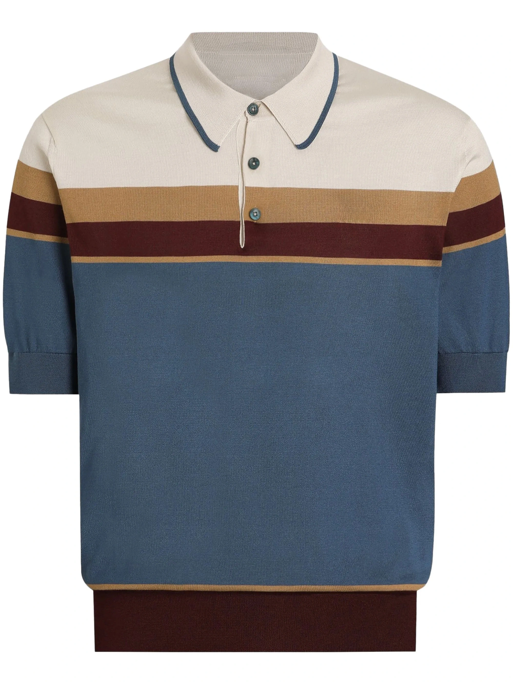 Fan Flo Herren-Polokragen, gestrickt, normale Schulter, gerippt, kurzärmelig, gestreifter Pullover, Kontrastfarbe, 5/7 Gauge, lässiger, vielseitiger Basic-Pullover 1