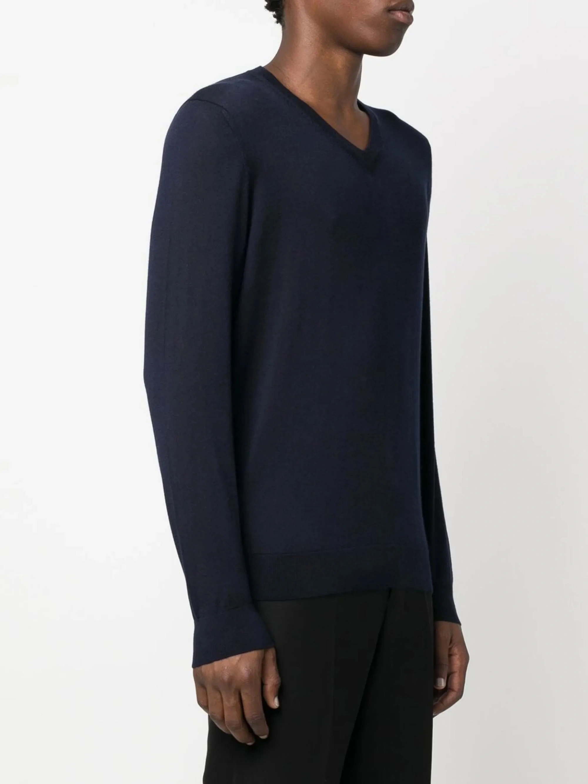 Fan Flo Hochwertiger Herrenpullover mit normaler Schulterpartie, geripptem V-Ausschnitt, langen Ärmeln, 100 % Wolle, 5/7 Gauge, einfarbig, langärmlig, lässig 1