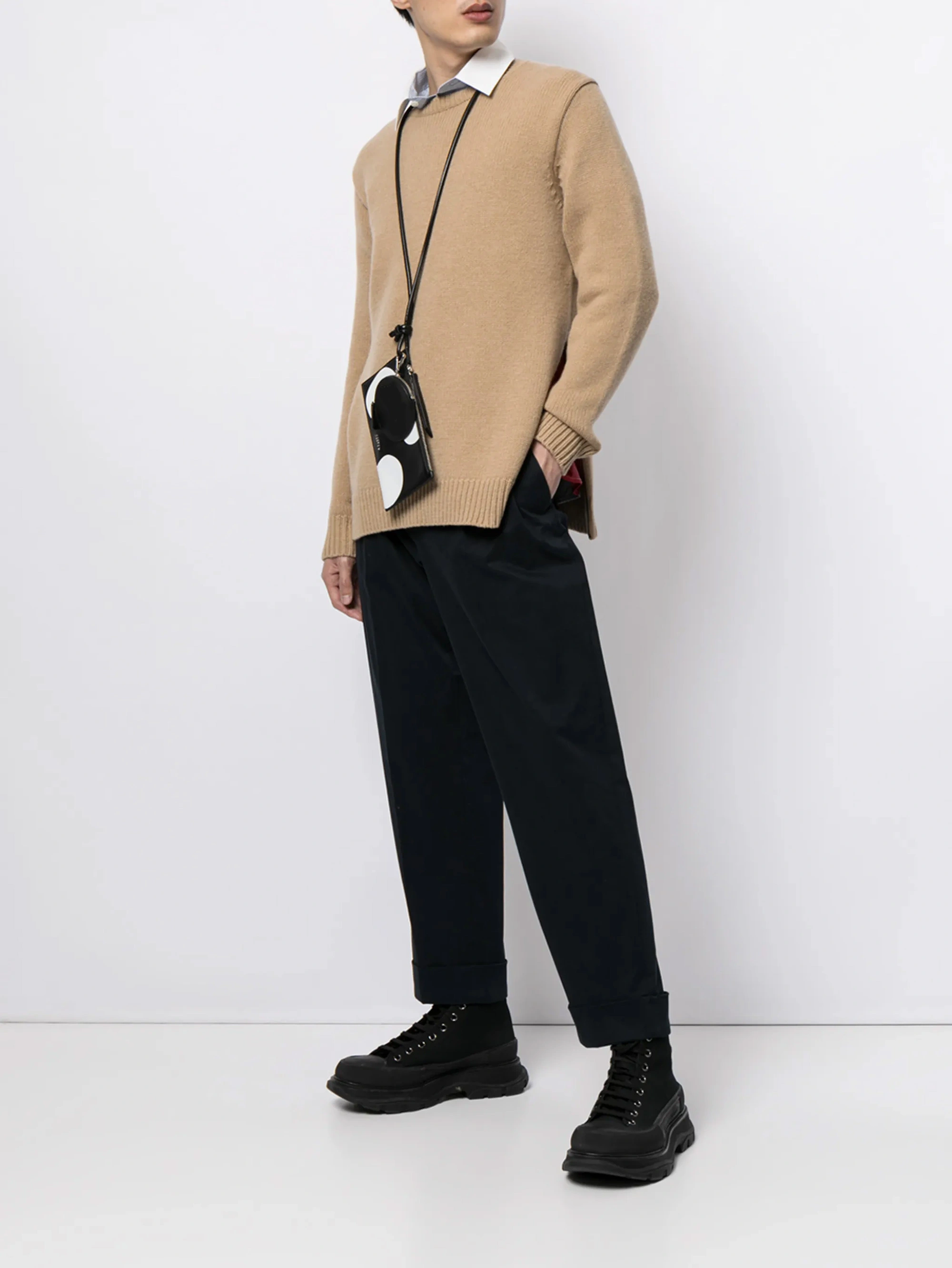 Pull à manches longues et col rond côtelé pour homme Fan Flo, couleur unie, avec fermeture éclair, 100 % laine, calibre 5/7, style décontracté 1